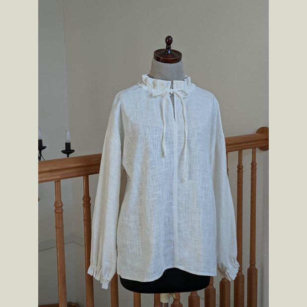スタンドフリル　スキッパー　プルオーバー　ブラウス　リネン