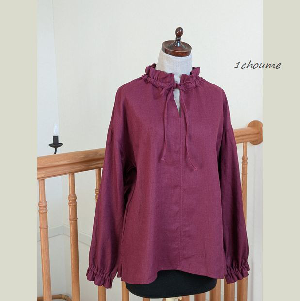 スタンドフリル　スキッパー　プルオーバー　ブラウス　リネン
