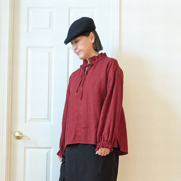 スタンドフリル　スキッパー　プルオーバー　ブラウス　リネン