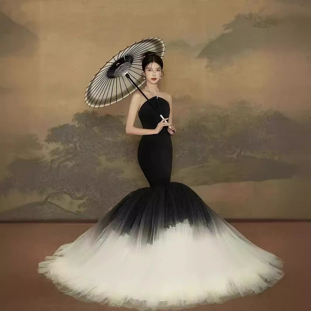 高級感 黒 オフショルダー マーメイドドレス ウェディングドレス 綺麗 花嫁 成人式 演奏会 二次会 前撮り HL623