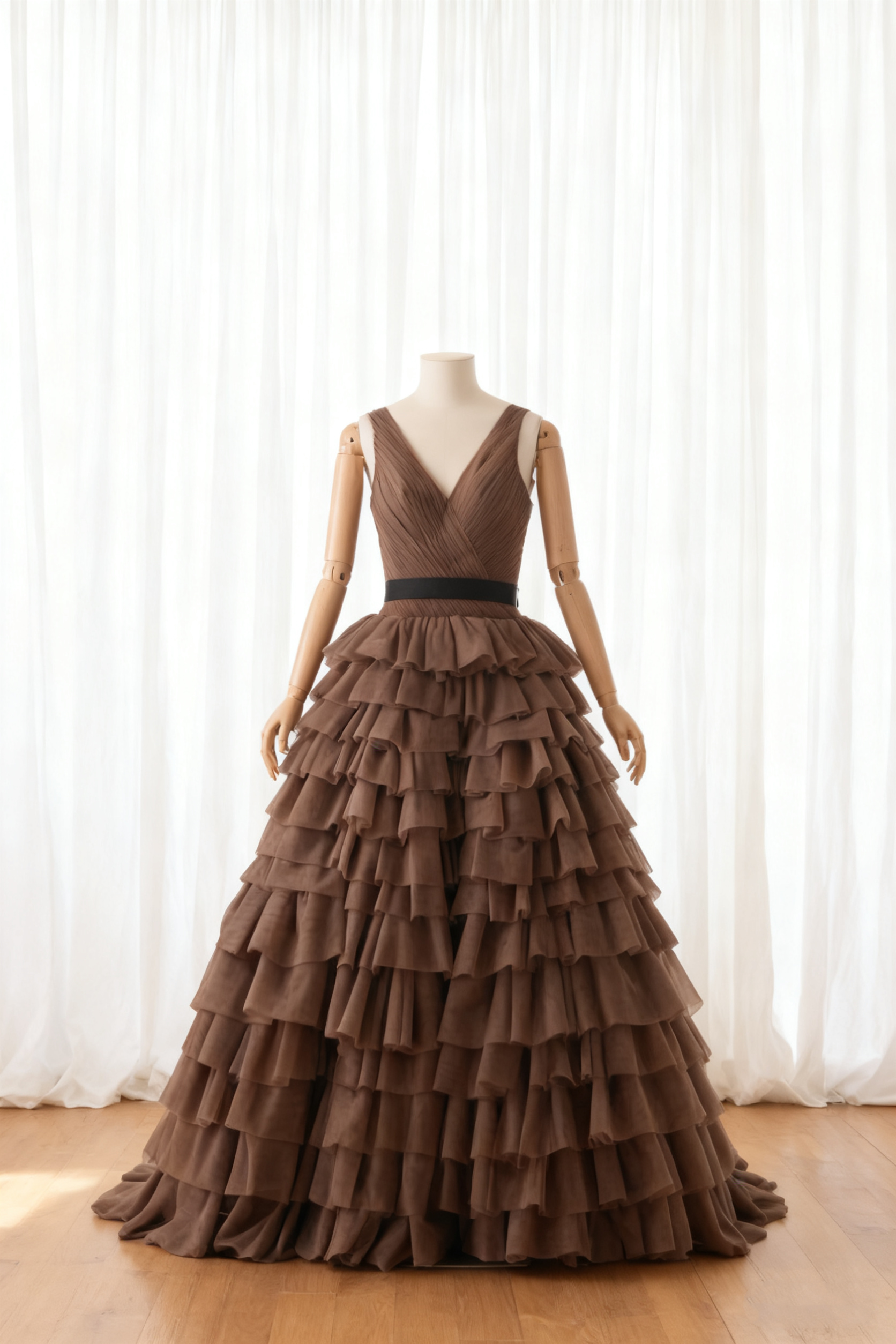 送料無料！カラードレス 柔らかく重ねたチュールスカート Vネックドレス ノースリーブ 結婚式 ボリュームドレス