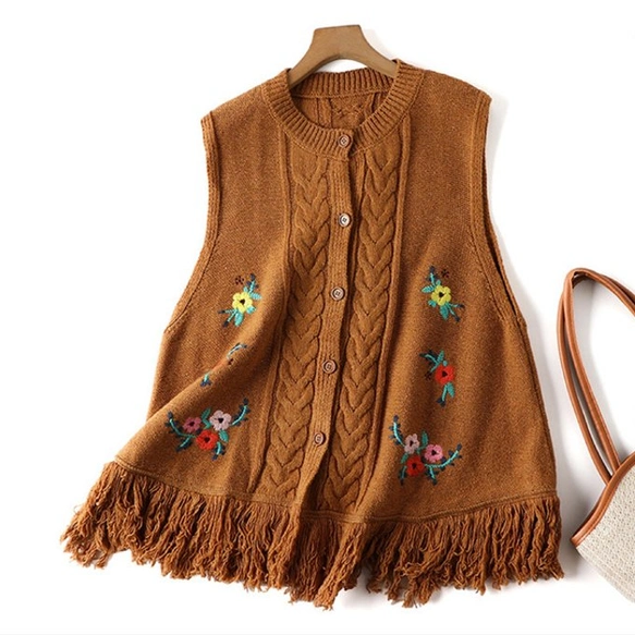 秋、春、冬、ニットベスト、ゆったり、カジュアル 、ふわふわ、丸首