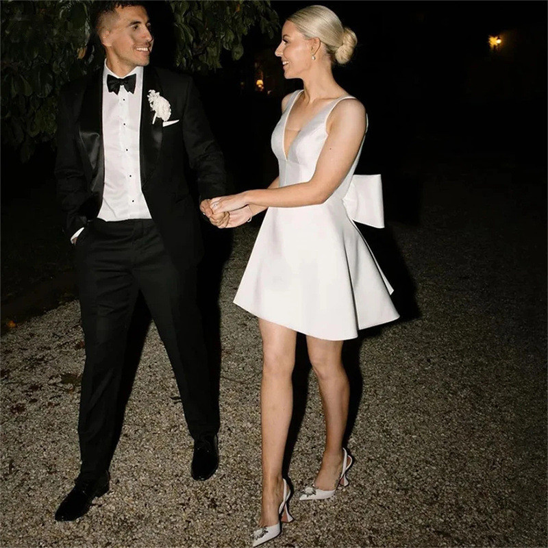 高級感 白黒 サテン Vネック リボン パーティードレス ショート丈 韓国風 花嫁 誕生日 二次会 前撮り HL628