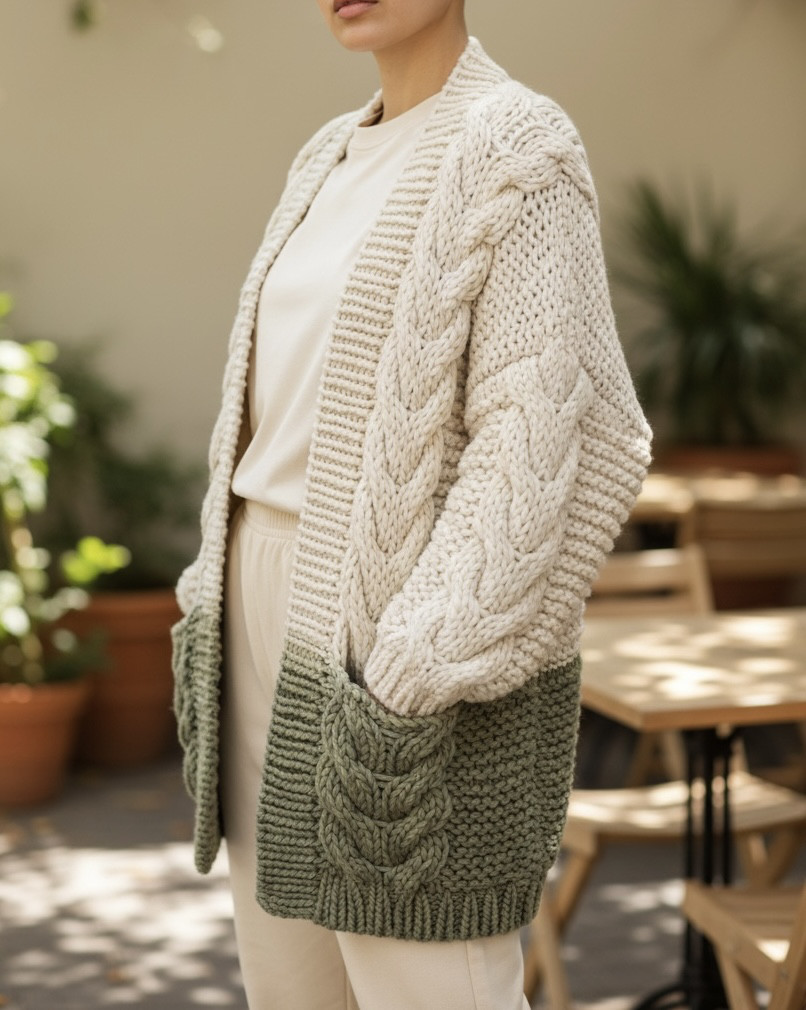 毛100%アラン編み手編みロングカーディガン手染め一点物