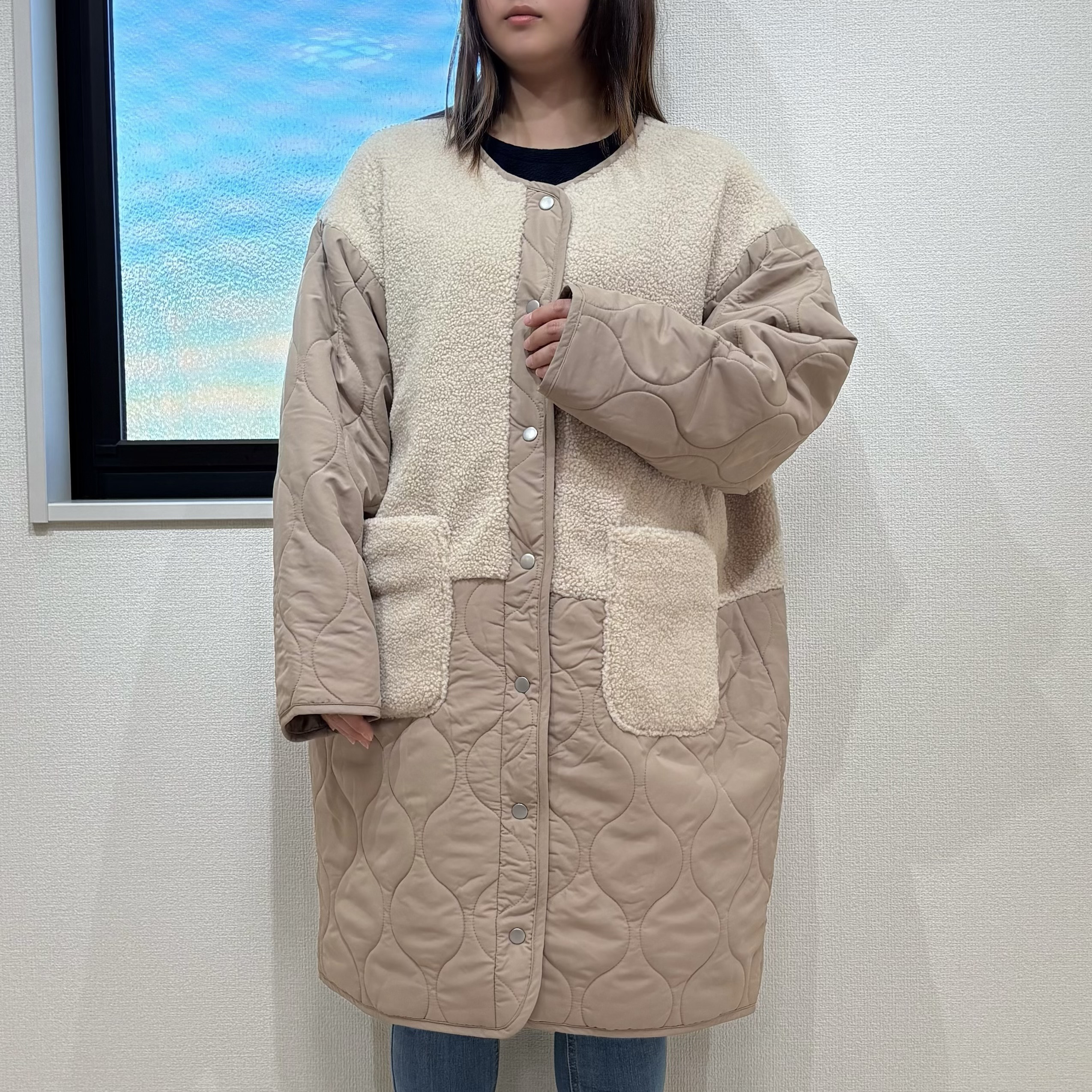 軽量細魅せアウター！ボア切替え　キルティングコート　ゆったり　ベージュ