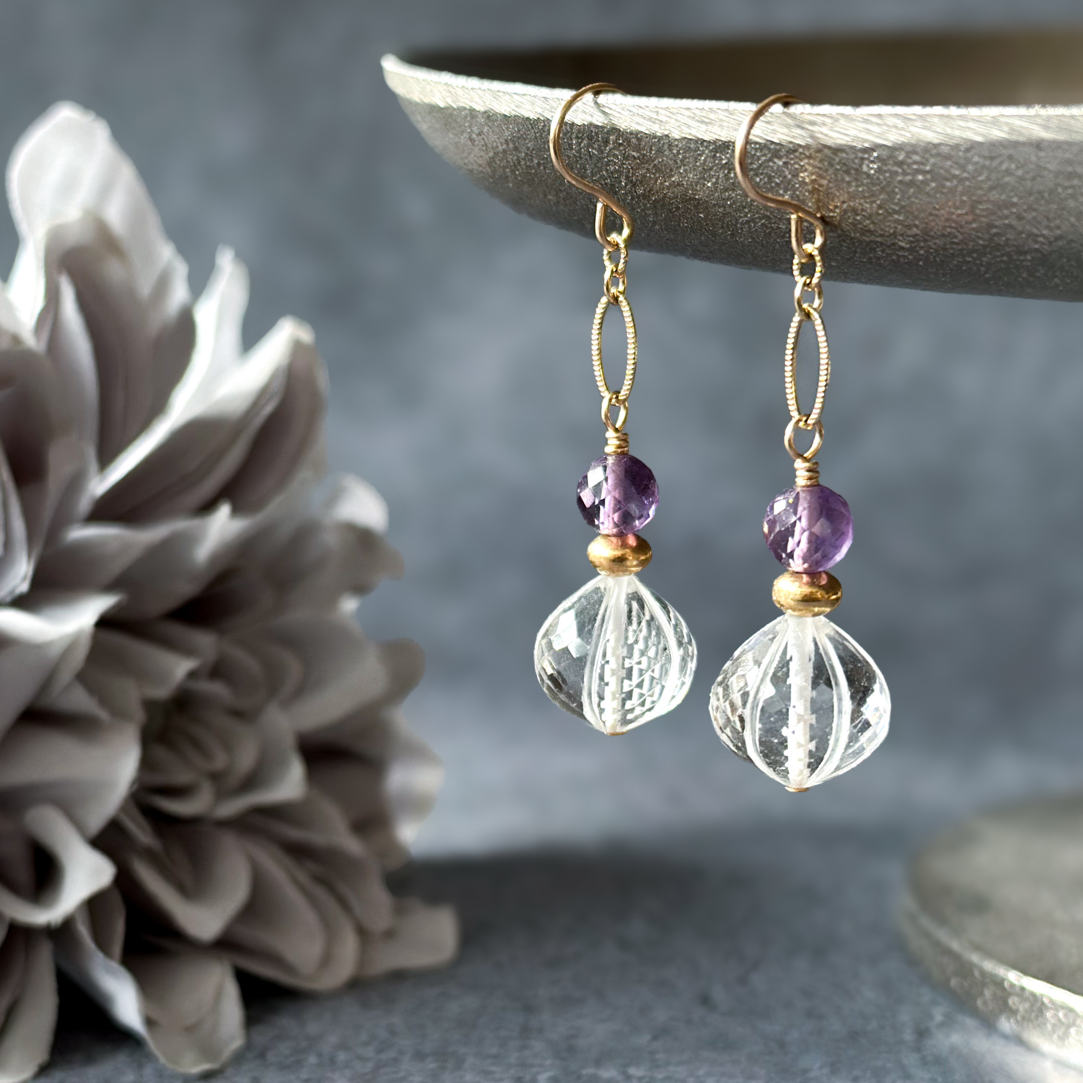 1点もの*14kgf*アメジストとクリスタルの香水瓶ピアス／イヤリング*