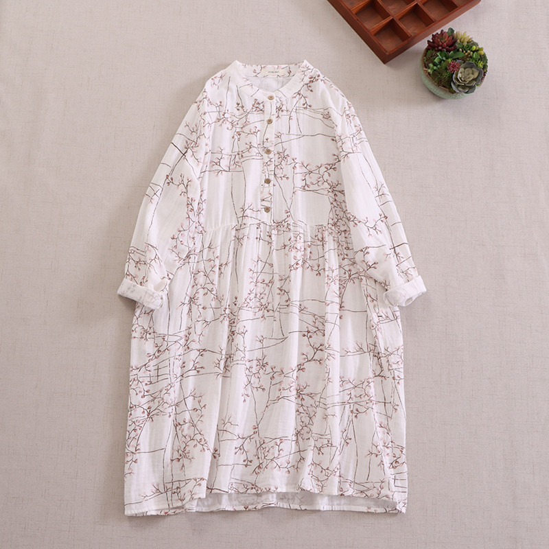 秋冬新作 アートプリント  コットン ダブルレイヤーヤーン ロングスリーブワンピース ルーズプラスサイズ 柔らか