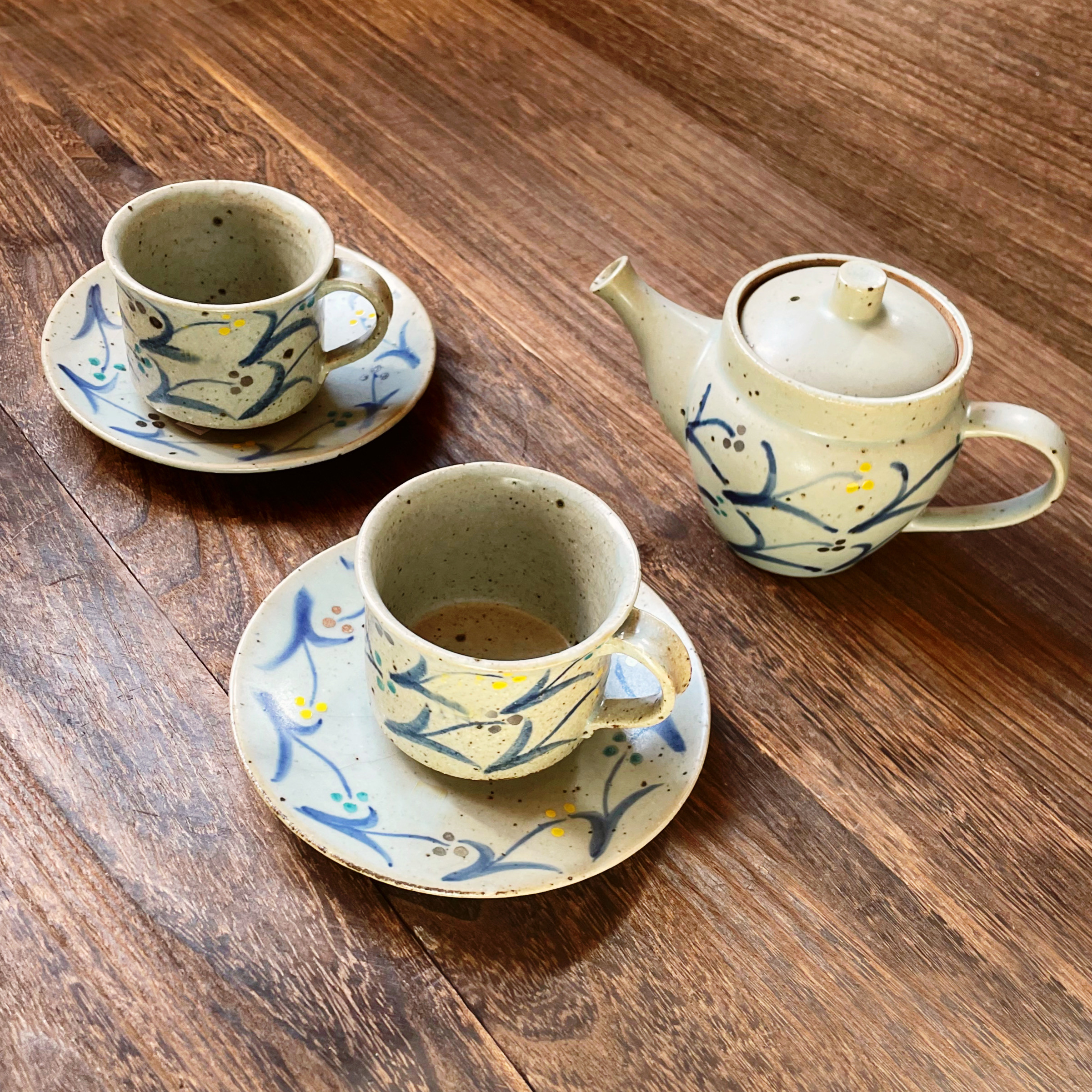 ＊手引きカップのティーセット＊銀黄緑色蓼紋＊選択可能＊