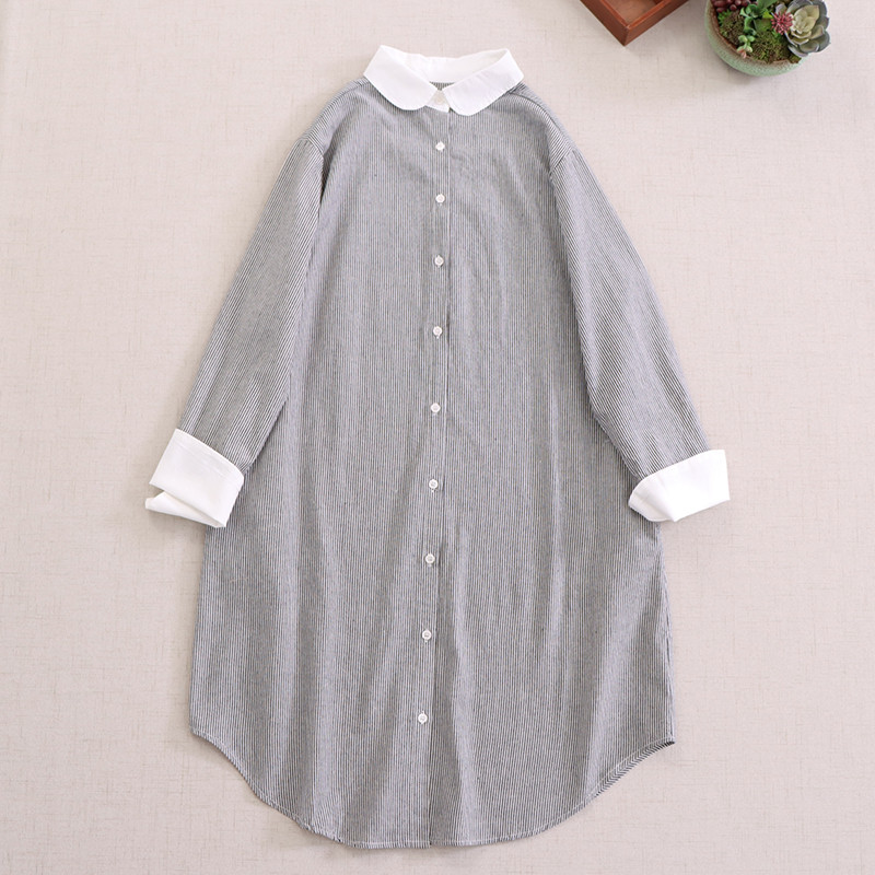 スウィートで知的なノーブルネックのぶつかり色長袖カーディガンワンピースの着やせフレンチストライプのシャツスカート