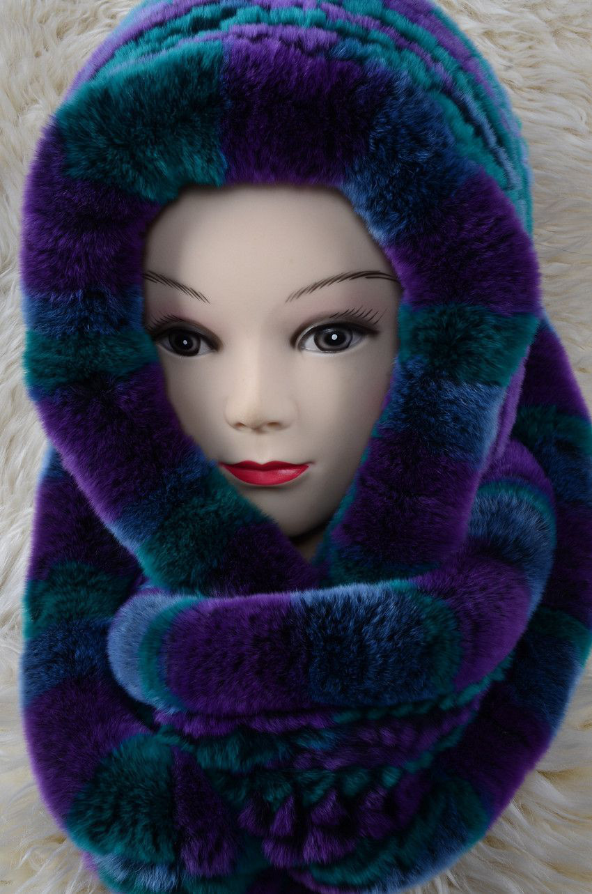 柔らかな毛皮の レッキス編み込み二重巻フード付スヌード 毛皮ファー