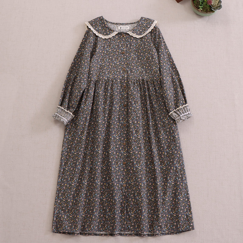 秋冬新作プリントドールネック長袖ワンピースゆったり百合花柄カーディガンミディアムスカート