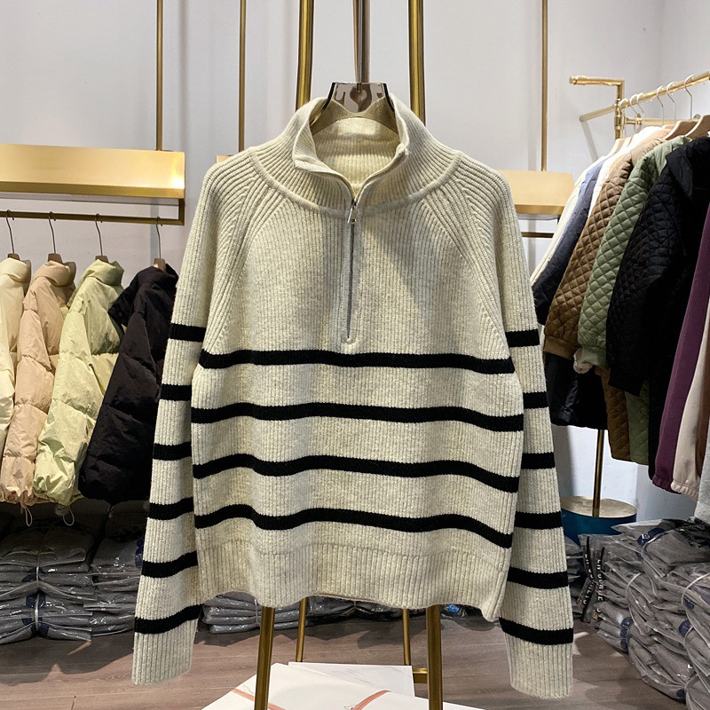 レディース ハーフジップ ニットプルオーバー ハイネック ボーダー ラグランスリーブ トップス