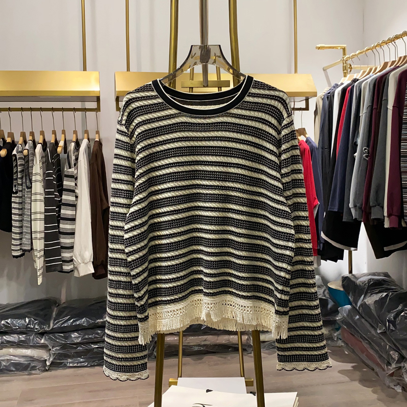 レディース Tシャツ 裾フリンジ ボーダー 長袖 ゆったり カジュアル トップス