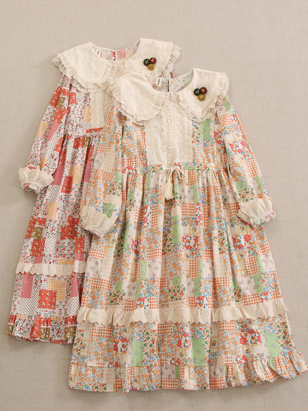 秋冬新作 甘美少女風 レースベビーボタニカルカラー ロングスリーブワンピース ルーズフィットウエスト調整 カントリー小柄