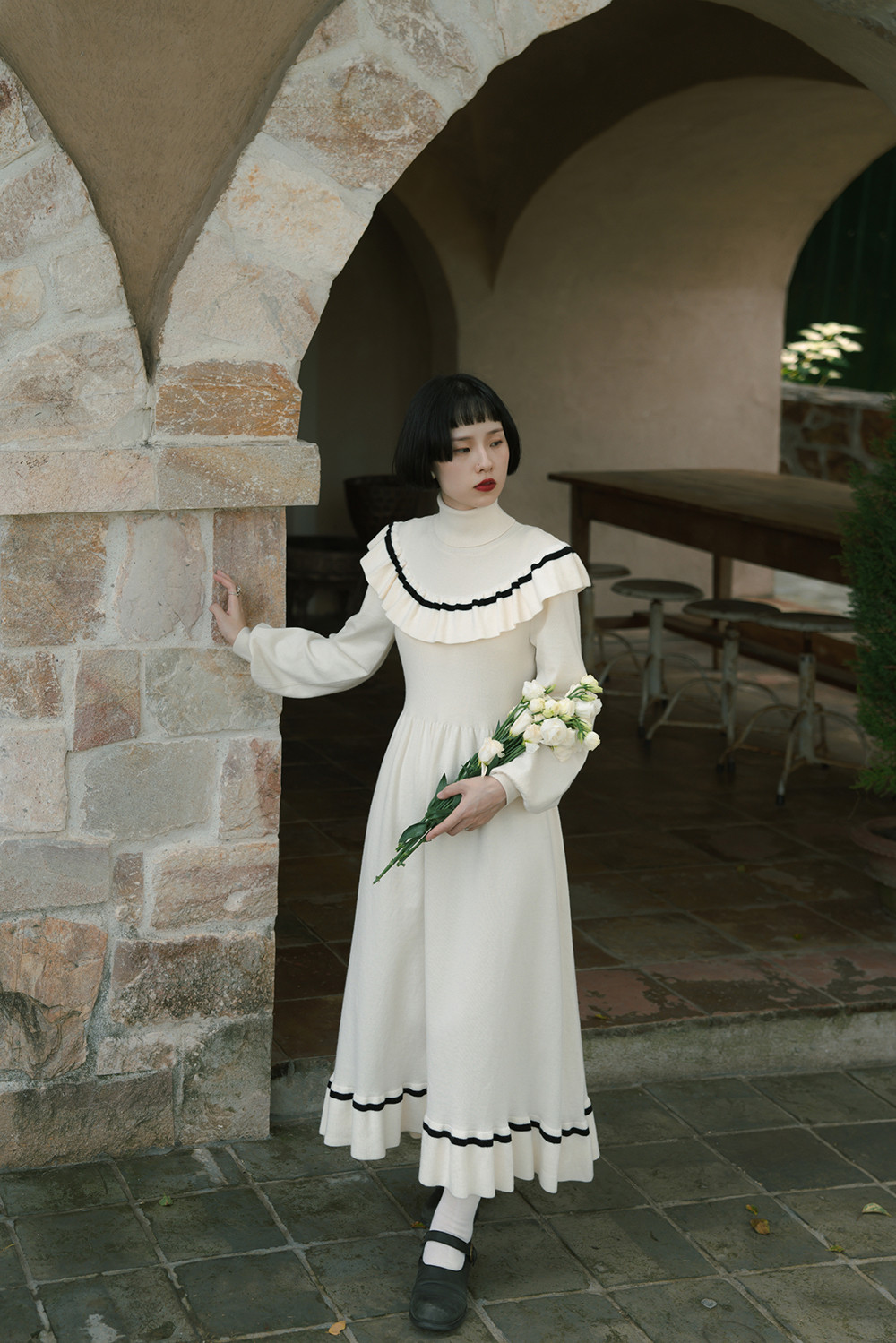 レトロガールフリルハイネックランタンスリーブニットワンピース 秋冬セータードレス