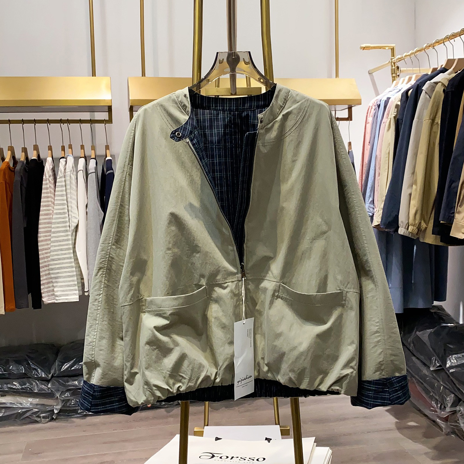 レディース リバーシブル ジャケット チェック柄切替 ワンボタン アウター トップス