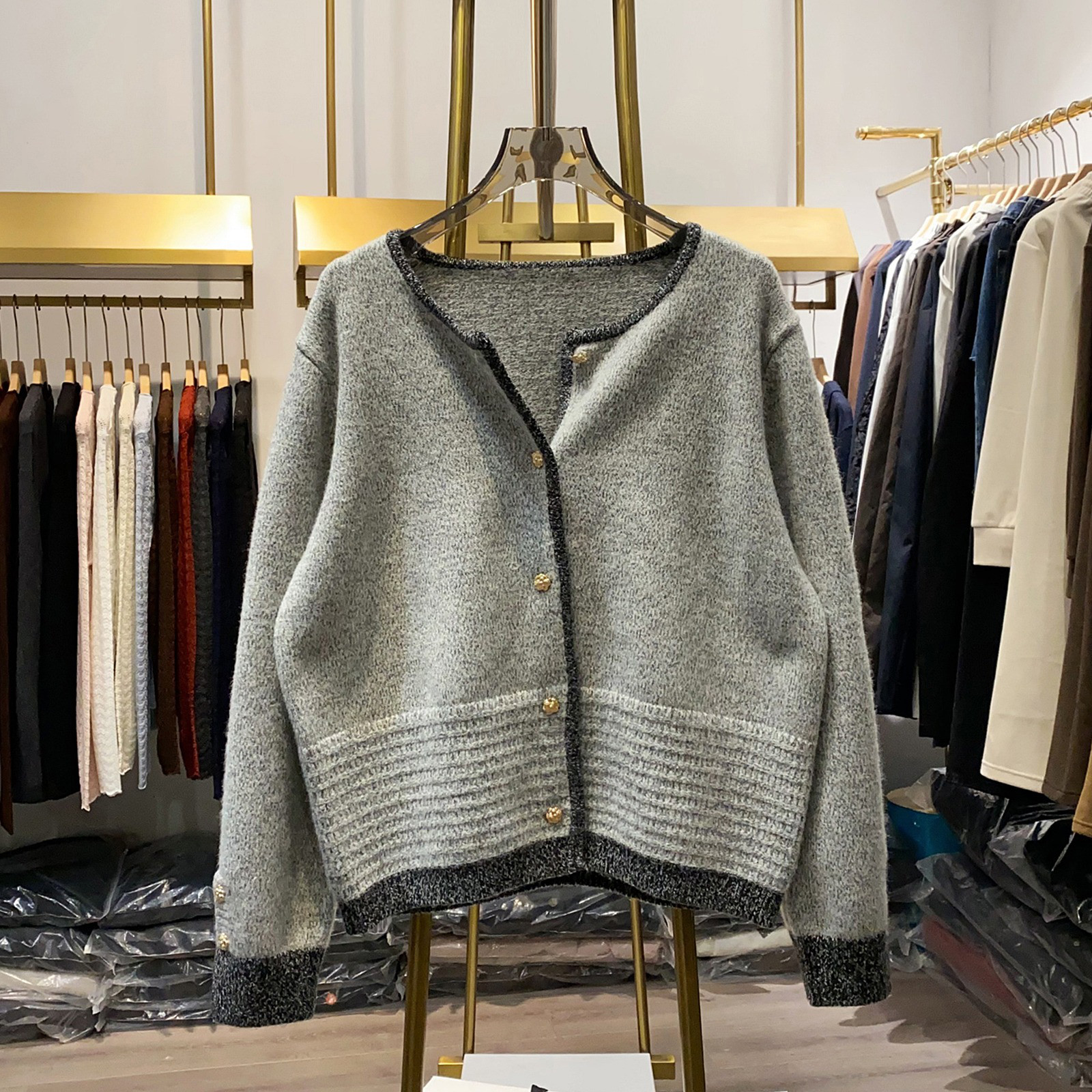 レディース ツイード風 ニットカーディガン 配色襟 ゴールドボタン アウター トップス