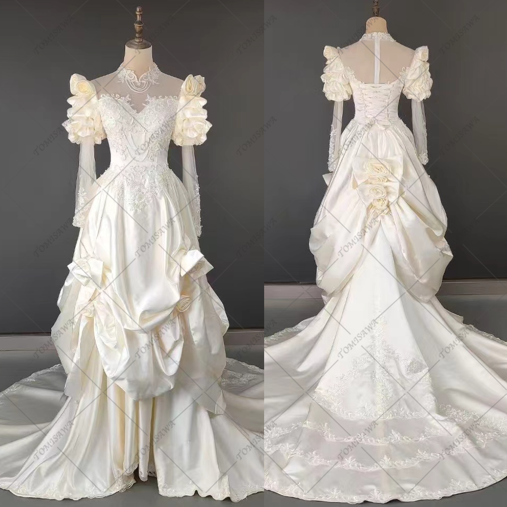 ヴィンテージ袖付きドレス 上品 ウェディングドレス 二次会 結婚式 旅行撮影ドレス F591