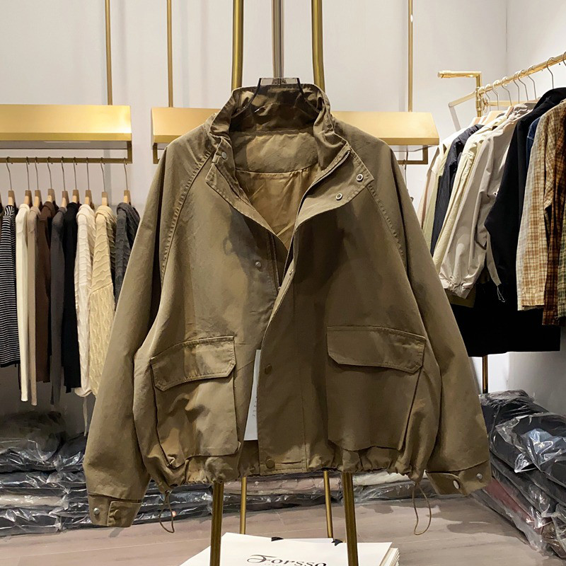 レディース スタンドカラー ジャケット ドローストリング レトロ ゆったり アウター トップス