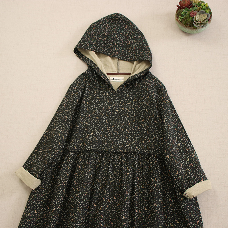 秋冬新作 レディース 厚手コットン 小柄フラワー柄 フード付き ロングスリーブワンピース ルーズ万能款 リテラリーレトロ