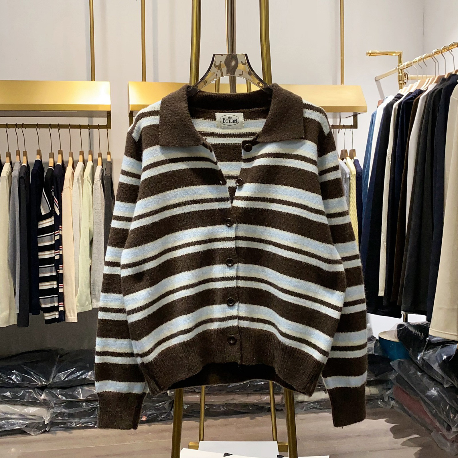 レディース 襟付き ニットプルオーバー ボーダー 配色 トップス