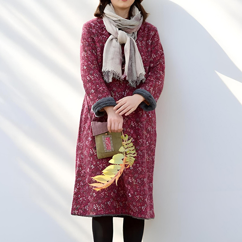 加绒レトロ文芸風コットン花柄ワンピース 秋冬加厚ルーズロングドレス 立襟スカート