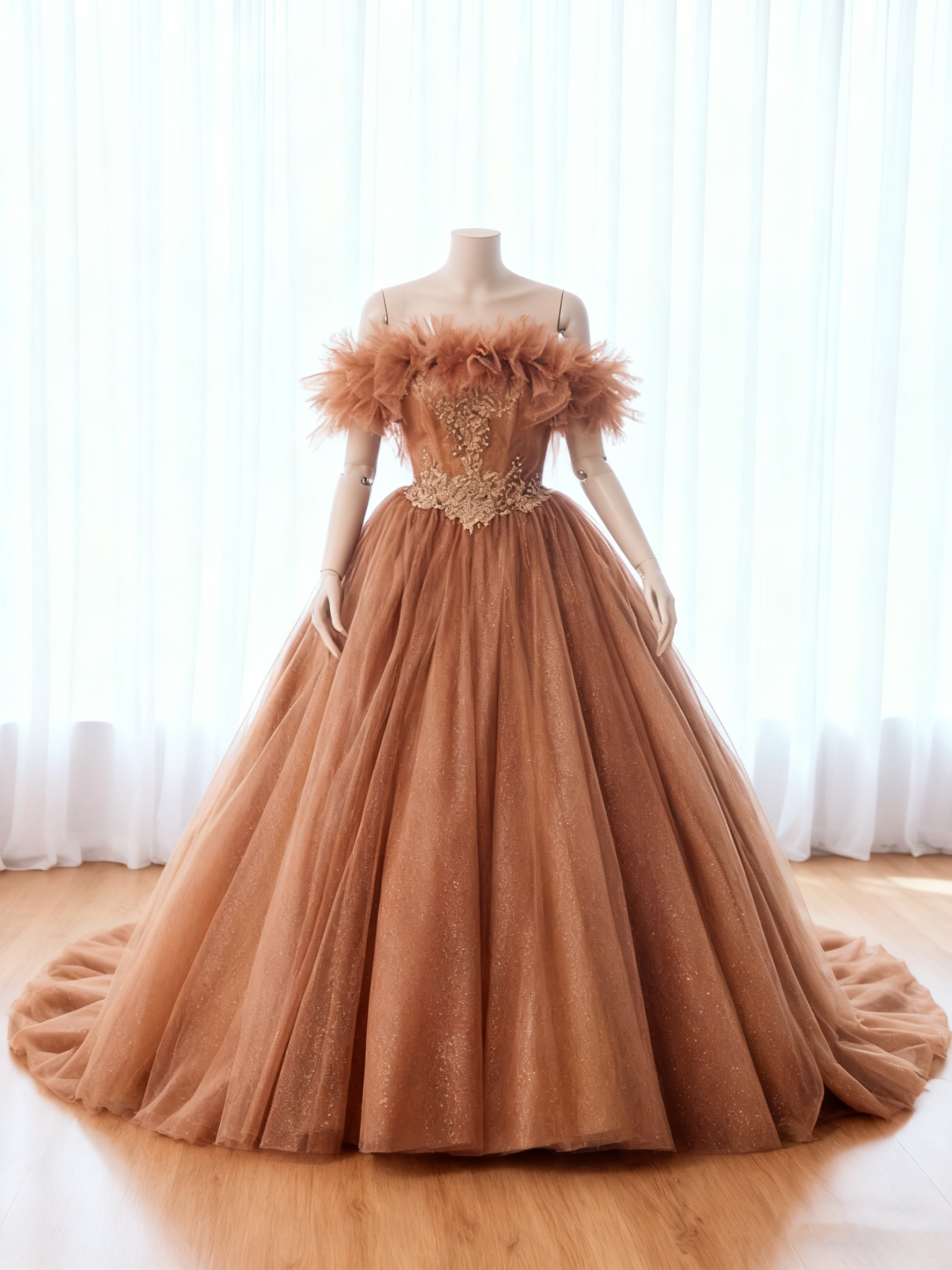 送料無料！カラードレス テラコッタ色 オフショルダー 3D立体レース刺繍 キラキラドレス 花嫁 ふわふわドレス