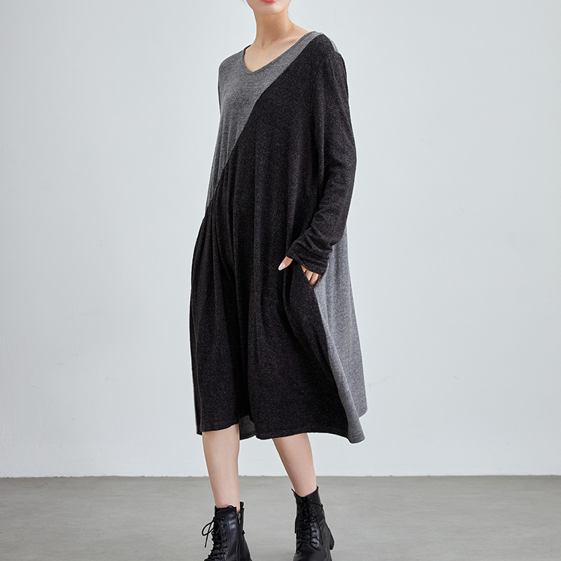 秋冬ニットコットンワンピース ミッドロングルーズカットソーカラーブロックインナーセータードレス