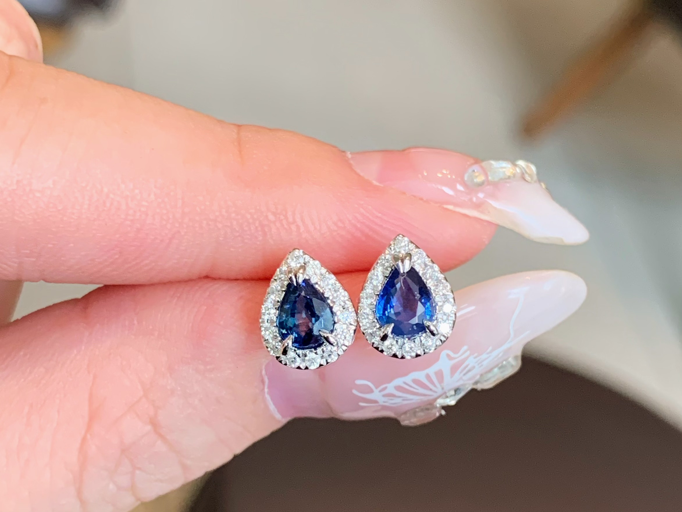 天然ダイヤモンド付きサファイアピアスk18 1211