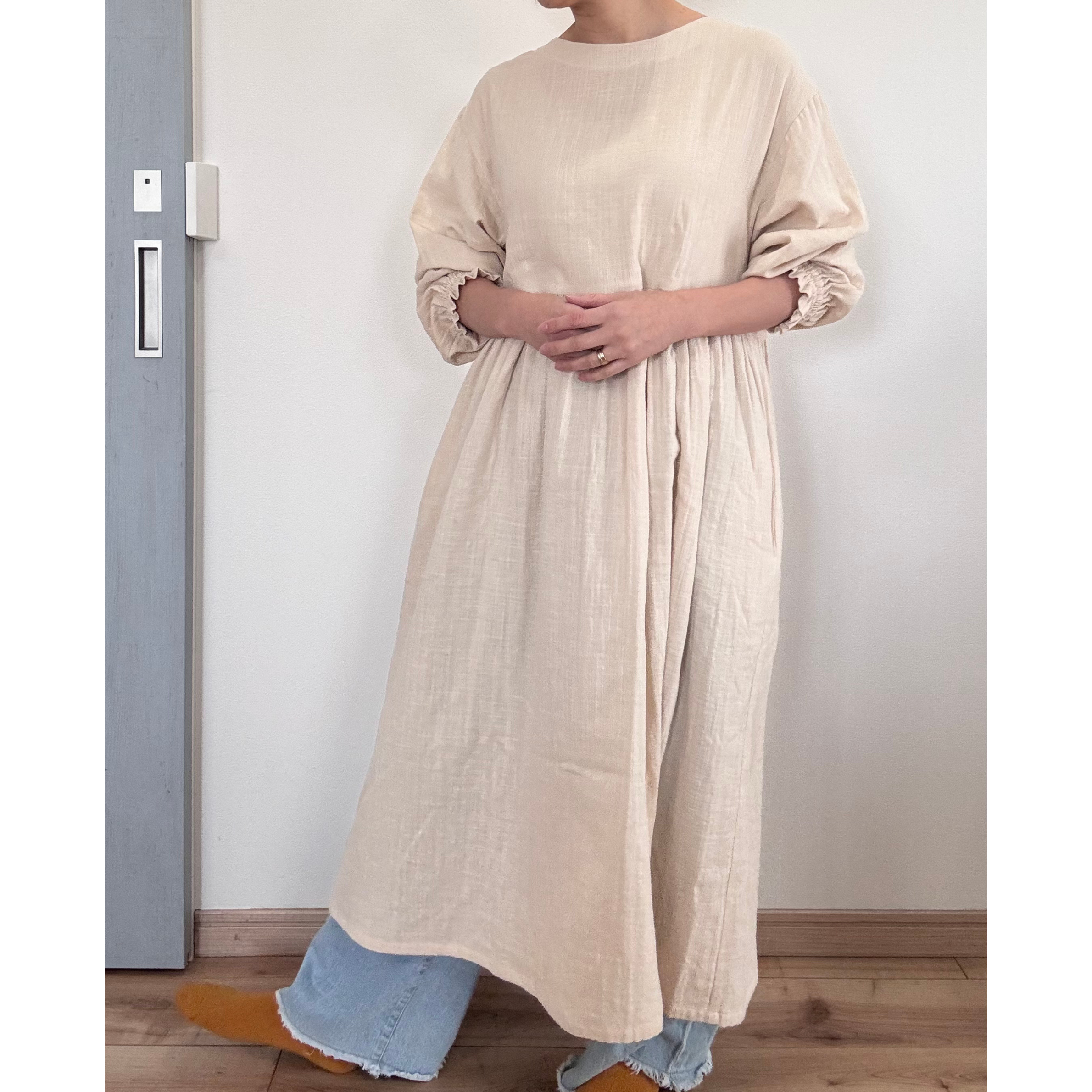 割烹着ワンピース✴︎肌触り最高✴︎ダブルガーゼ✴︎まるでリネン✴︎ナチュラル✴︎アイボリーエプロン