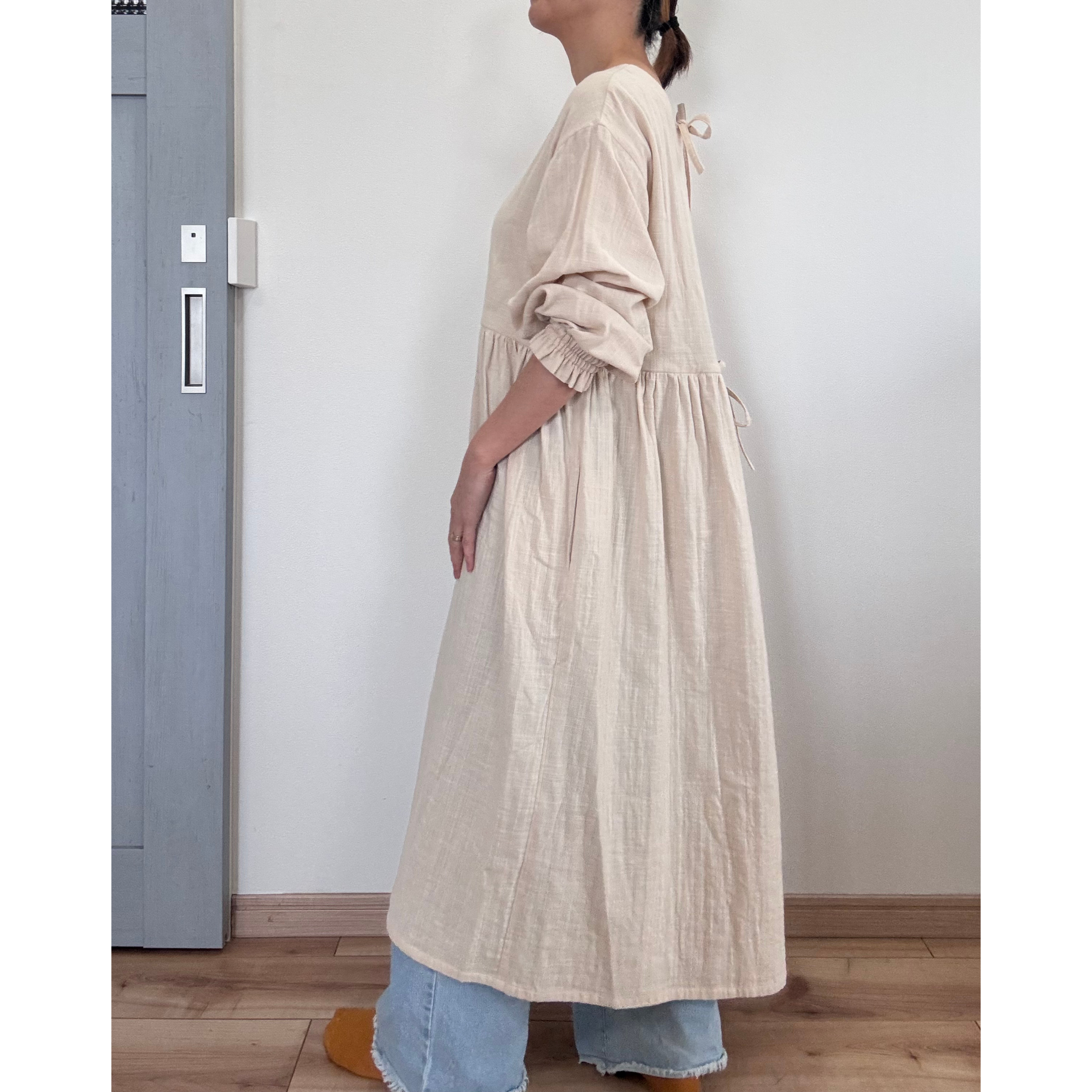 割烹着ワンピース✴︎肌触り最高✴︎ダブルガーゼ✴︎まるでリネン✴︎ナチュラル✴︎アイボリー