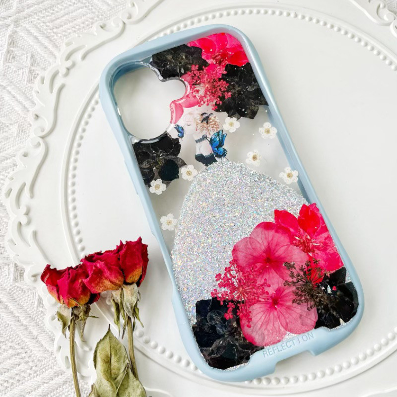 iFace風押し花スマホケース、紫陽花（あじさい）、iPhone全機種対応、手帳型、iPhone17、iPhoneAir