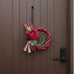 赤しめ縄リース2026 赤 ダリア おしゃれしめ縄 しめ縄飾り お正月飾り