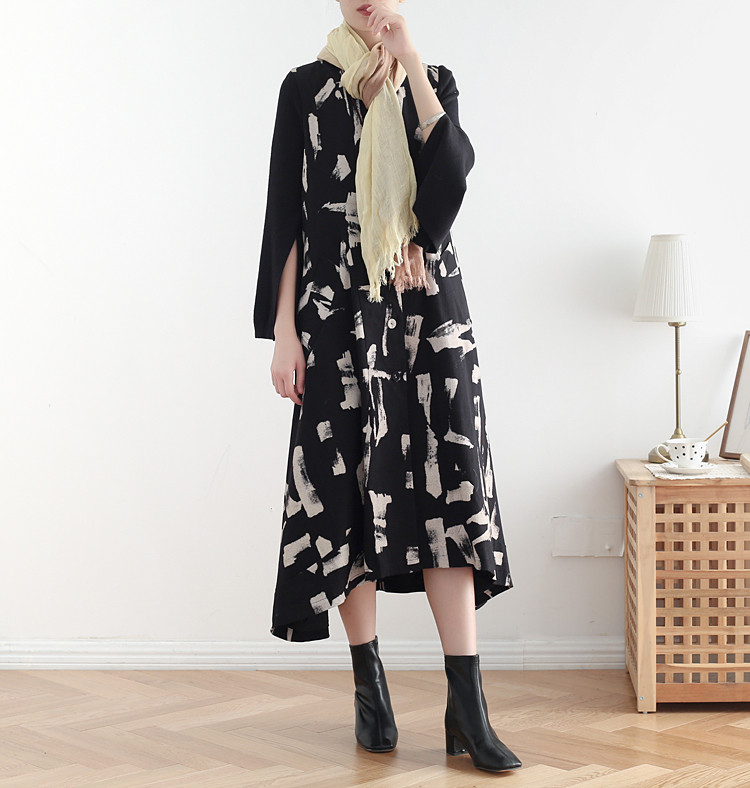 2025 秋冬新款文芸レトロルーズラージサイズデザインロングプリントコットンワンピース