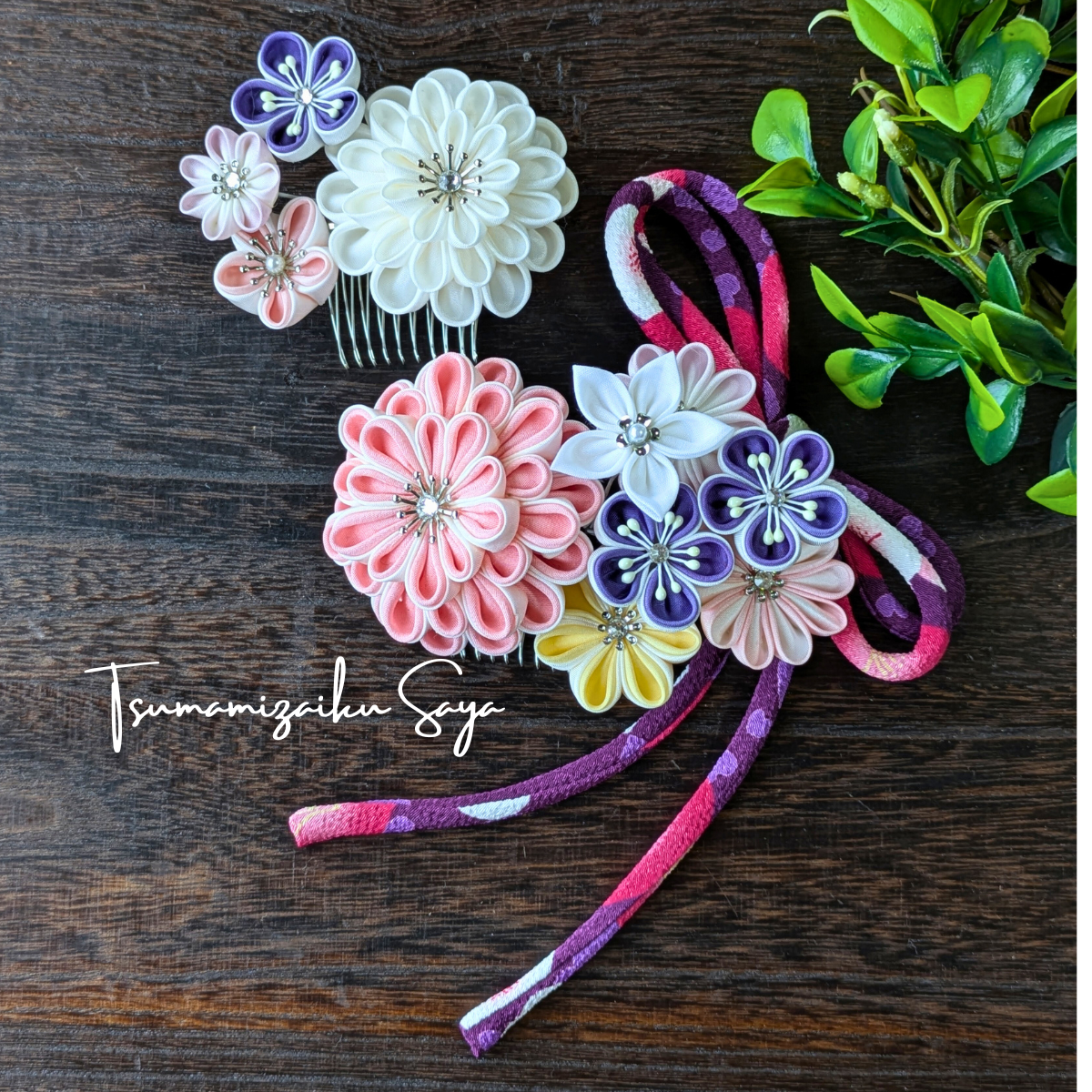 つまみ細工 髪飾り 和装 成人式 七五三 浴衣 卒業式 コーム 赤 紫 藤紫 ピンク 白 緑 黄 pnk-20