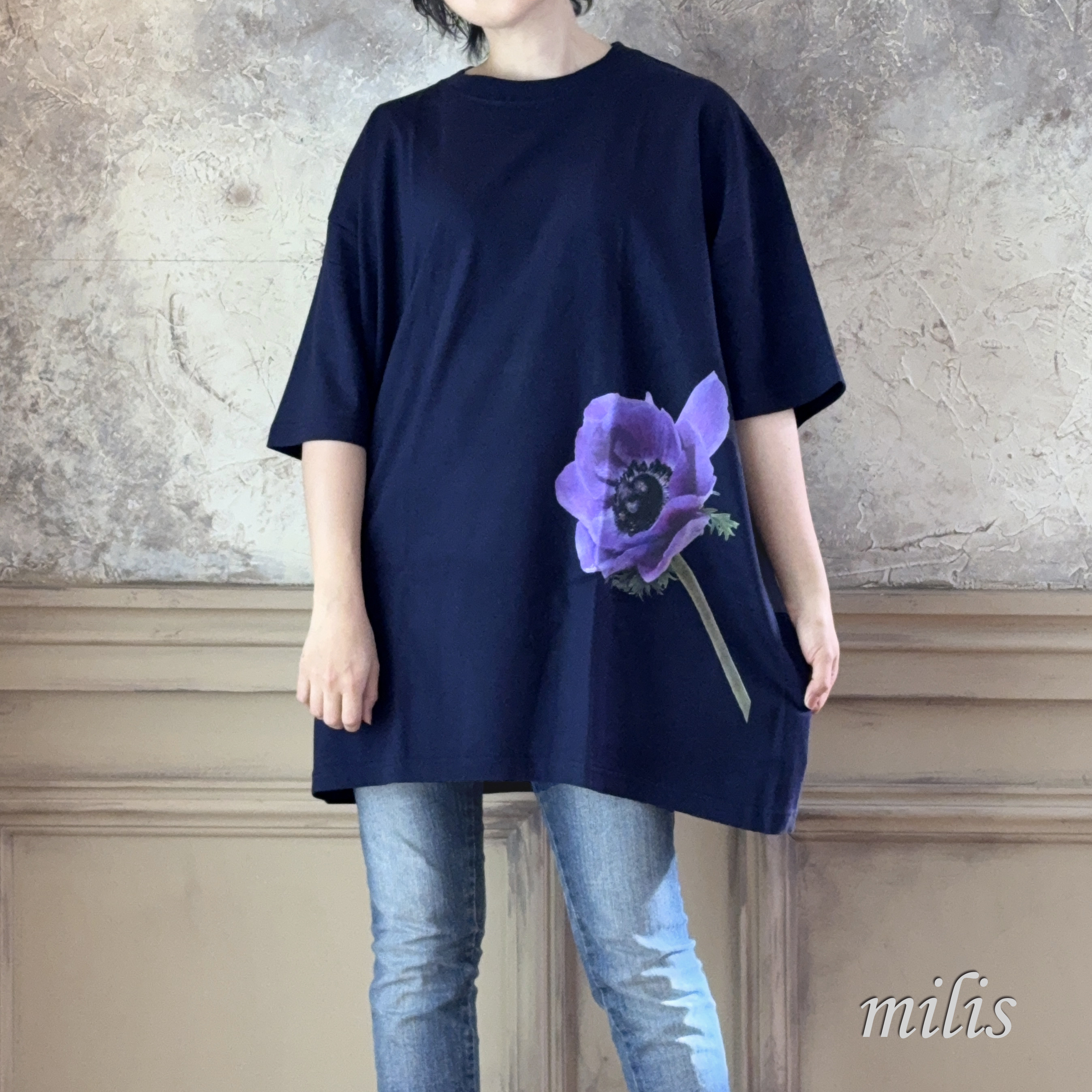 【アネモネ】オーバーサイズＴシャツ：ネイビー・ＸＸＬ