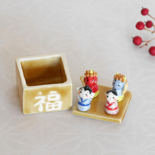 陶器 小さな 鬼とお多福＆福助 節分5点セット】新作 ミニチュア 福升