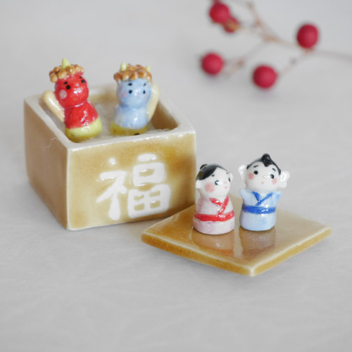 陶器 小さな 鬼とお多福＆福助 節分5点セット】新作 ミニチュア 福升