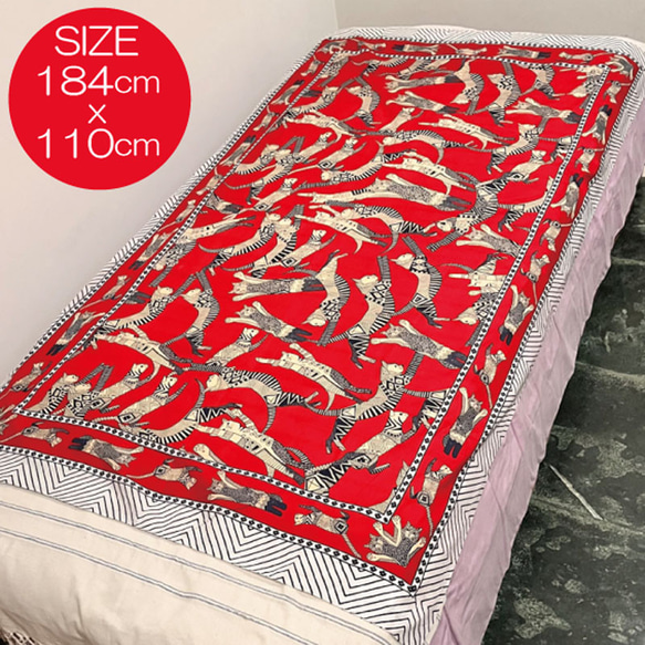 【11/30発送】インド綿大判ストール/ドゥパタ 猫ちゃん 朱色 再販 3枚目の画像