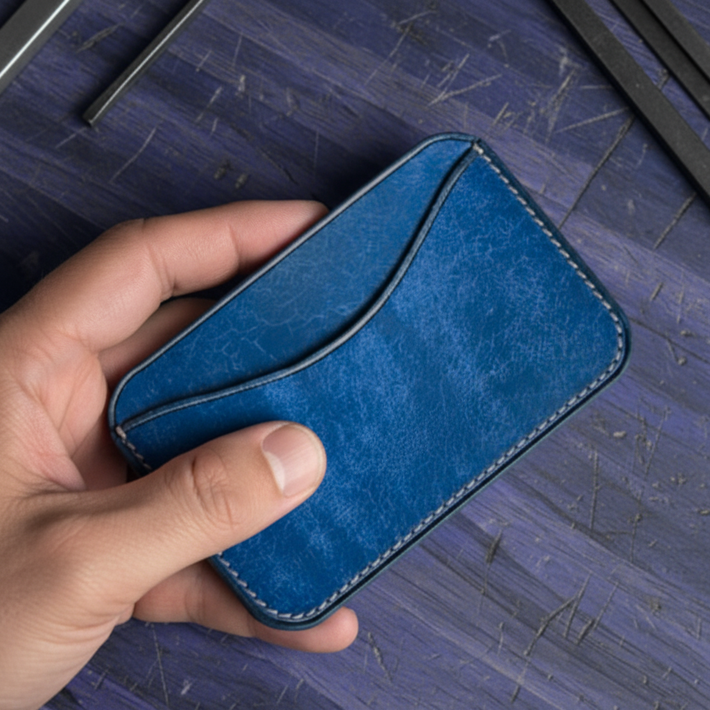 深みのあるブルーレザーの本革カードホルダー〈刻印対応〉