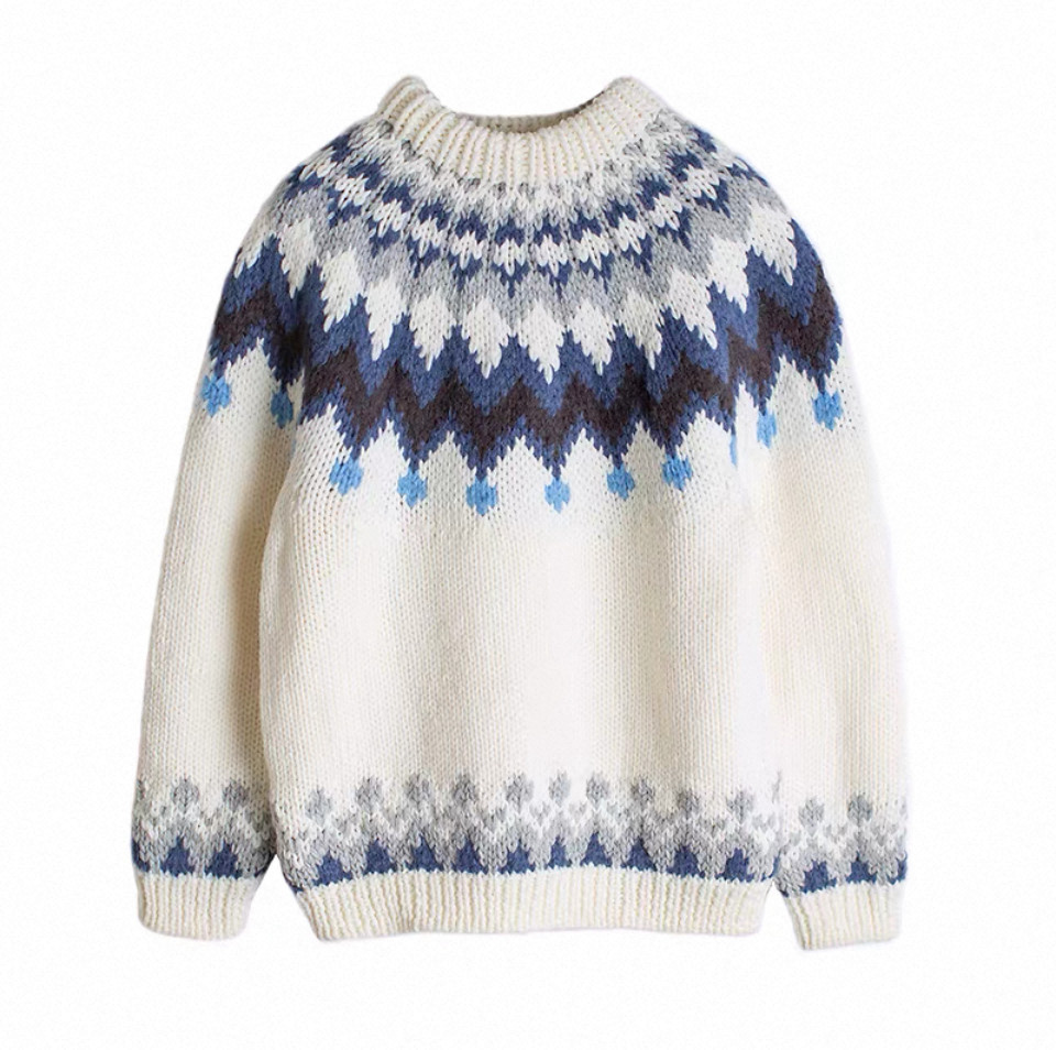 ウール100%　手編みフェアアイルプルオーバーニット【秋冬春】アイボリー