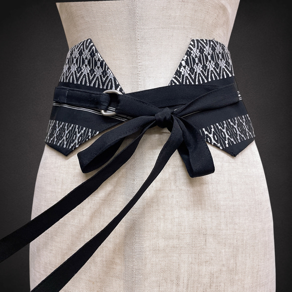 献上柄 刺繍帯 サッシュベルト リボン ウエスト 58〜90cm リボン 黒白 71105 7枚目の画像