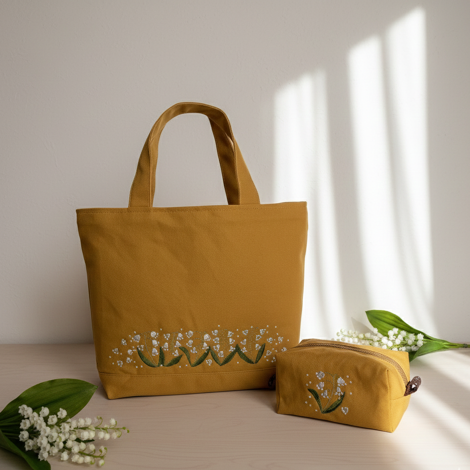 [受注製作]スズラン刺繍のトートバッグ&ポーチセット/カラシ色×帆布×白い花の刺繍