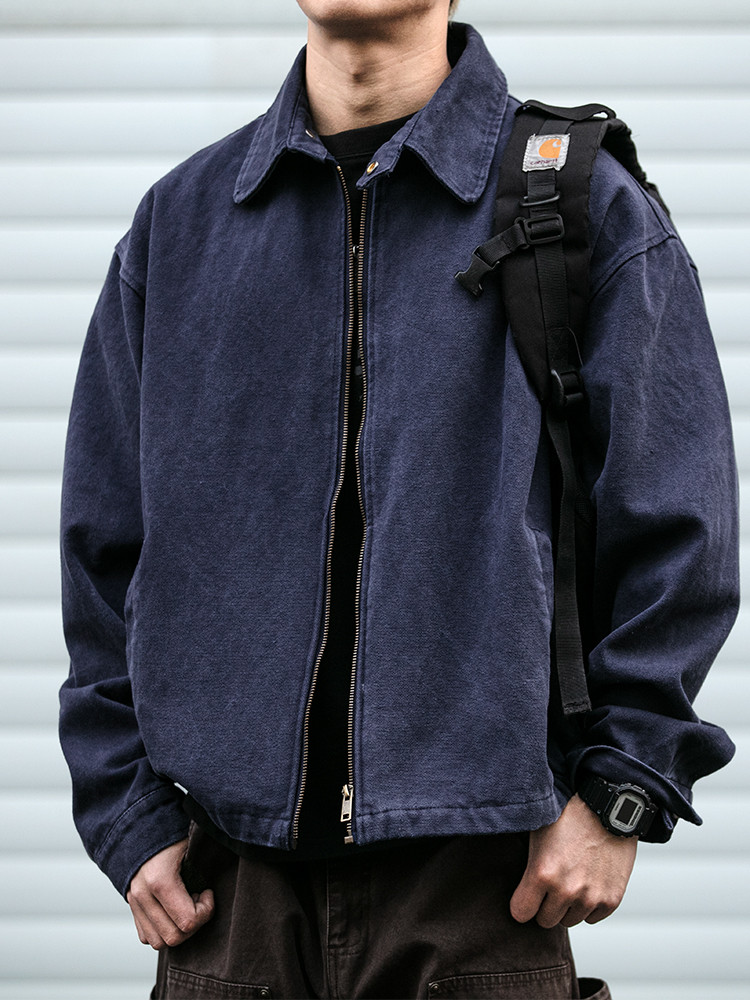 復古の水洗いをして古いvintageワークジャケット男性春秋boxy短い型の襟を翻してカジュアルなコートの潮