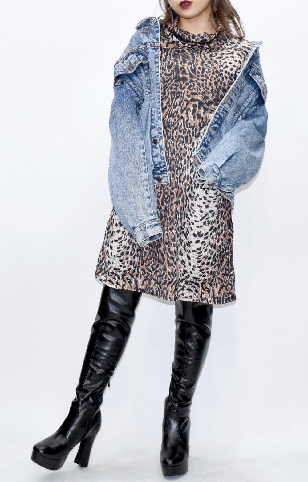 Turtleneck Leopard Onepiece（BRN）　ワンピース　黒　カジュアル