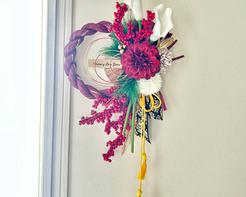 No.160 赤い実いっぱいしめ縄リースお正月飾り 玄関リース しめ飾り