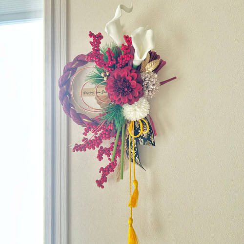 No.160 赤い実いっぱいしめ縄リースお正月飾り 玄関リース しめ飾り