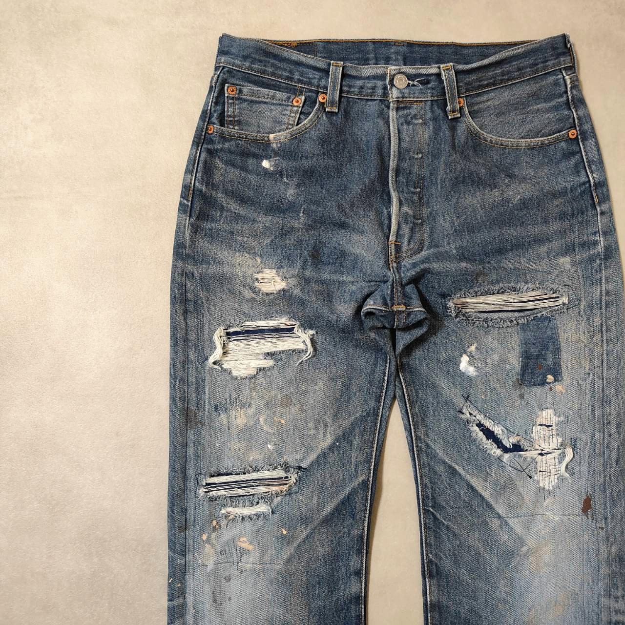 W33表記 リペアカスタム リーバイス 501 リメイクデニム ビンテージジーンズ グランジデニム ダメージ