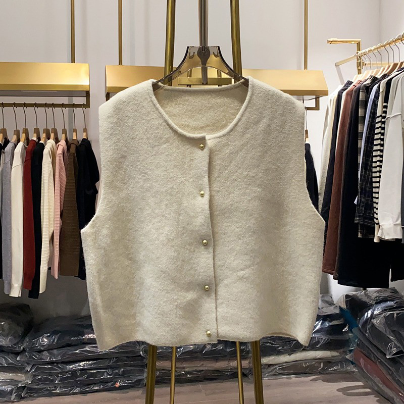 レディース ツイード風 ニットベスト カーディガン クルーネック シングルブレスト ノースリーブ レイヤード トップス