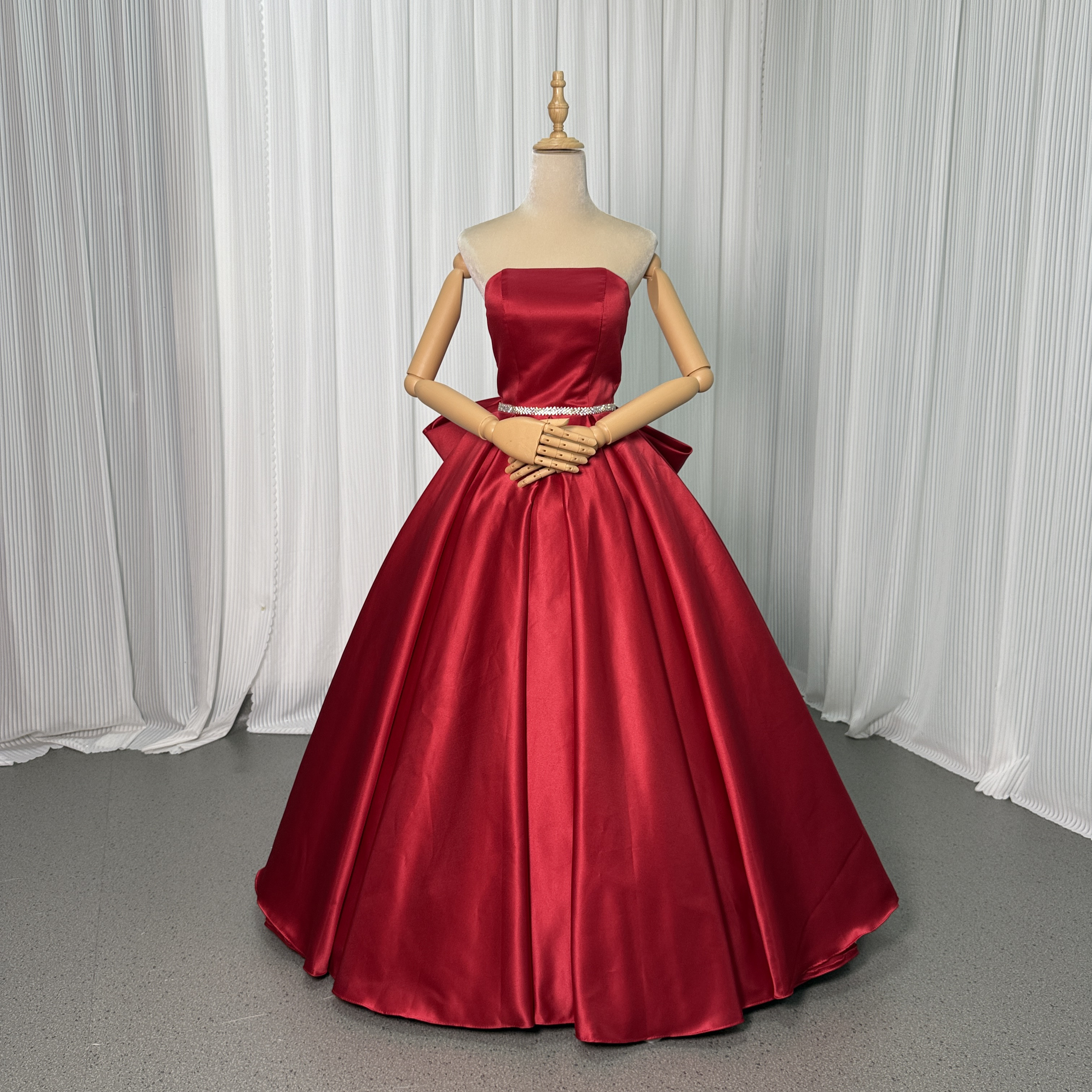 送料無料！ボルドー色 カラードレス 大きなリボンベアトップ 結婚式 二次会 前撮り  ピアノ演奏会/音楽会